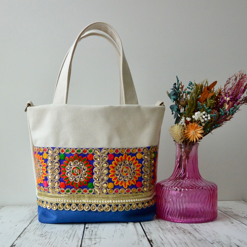 雫ビーズとカラフルな糸のインド刺繍トートバッグ【Sサイズ】 トート