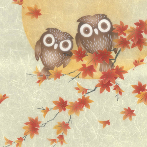 秋の壁飾り 手染め京友禅和紙タペストリー 紅葉にフクロウ その他