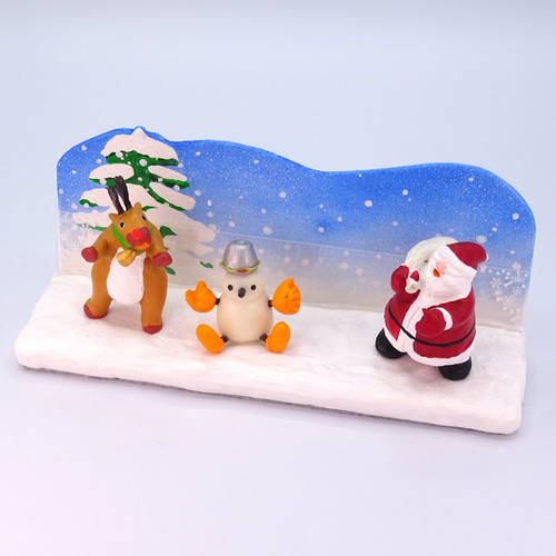 クリスマス サンタとトナカイと雪だるまの粘土フォト＆メモスタンドS