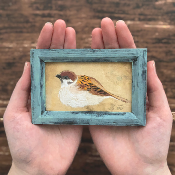 受注制作】小さな絵画 スズメ③/原画 日本画 かわいい 動物 鳥 絵画