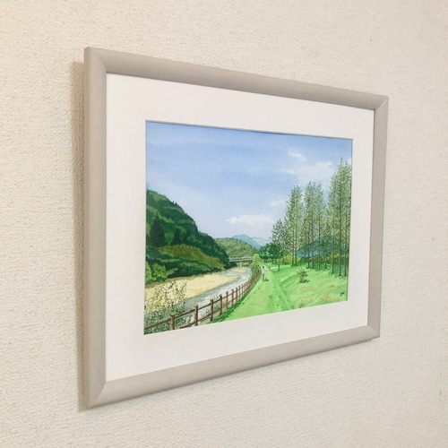 川沿いの散歩道 」透明水彩画 原画 風景画 額縁付 F4サイズ 絵画 Oni
