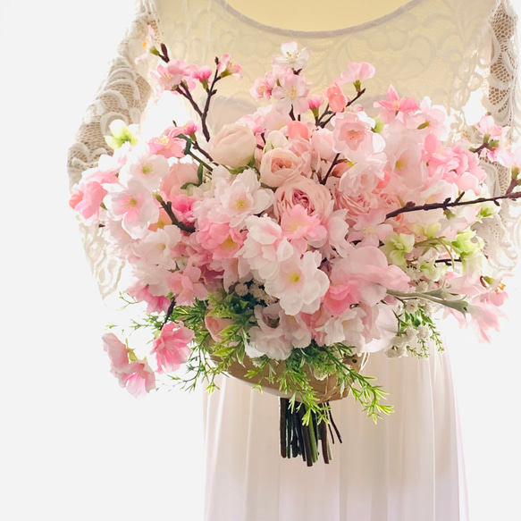 桜ブーケ、春、ウェディングブーケ 造花ブーケ 薔薇 ピンク 桜2025