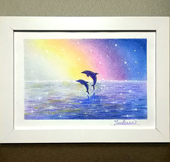 海とイルカのパステルアート 明ける時 パステル画原画 絵画 T's Arts