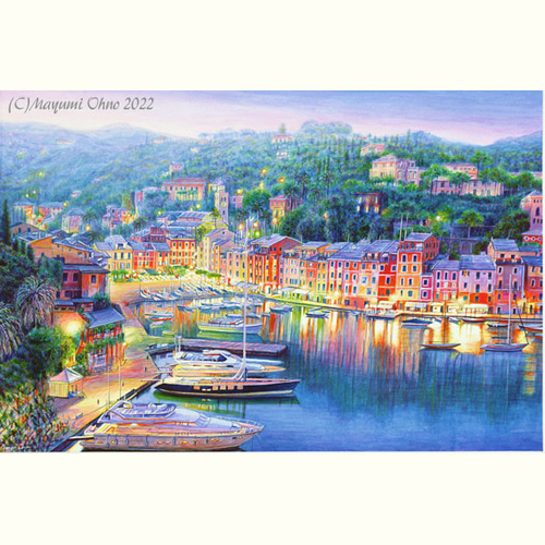 額57㎝イタリアで版画化ポルトフィーノ ヨーロッパ 地中海 夕景 風景画