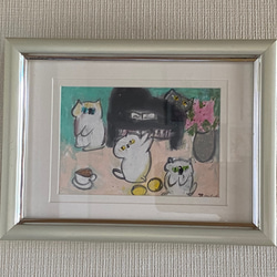 絵画 。壁掛け絵手描き【夕食の前、かわいい猫たち】 絵画 。壁掛け絵