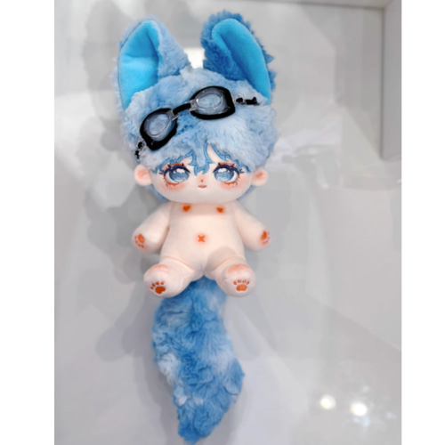 青い髪20cmぬいぐるみ/ 青い尻尾/ 手作りぬいぐるみ 20cm/ 換装可能