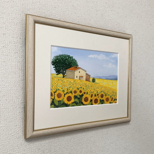 ひまわり畑」透明水彩画 原画 風景画 額縁付 SMサイズ 絵画 Oni 通販