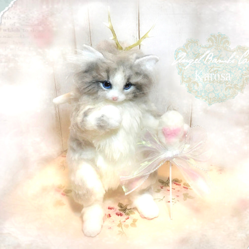 エンジェル バンビキャット 全身可動 猫 幻獣 角 羊毛フェルト アート
