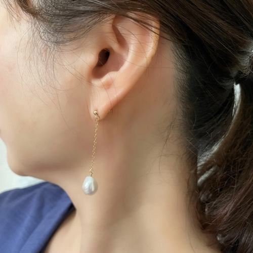 ピアス イヤリング バロックパール 揺れる 一粒 チェーンピアス 14lgf