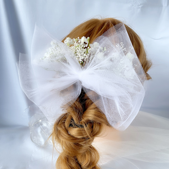 かすみ草 チュール ヘッドドレス 結婚式ヘアアクセサリー ブライダル