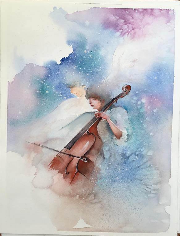 St.Cecilia 女神 天使 空 宇宙 星空 音楽 チェロ 弦楽器 女性 イラスト
