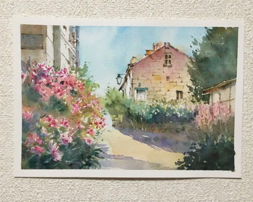 134）原画 南フランスの小さな村 水彩画 風景画 絵画 マグリット0125