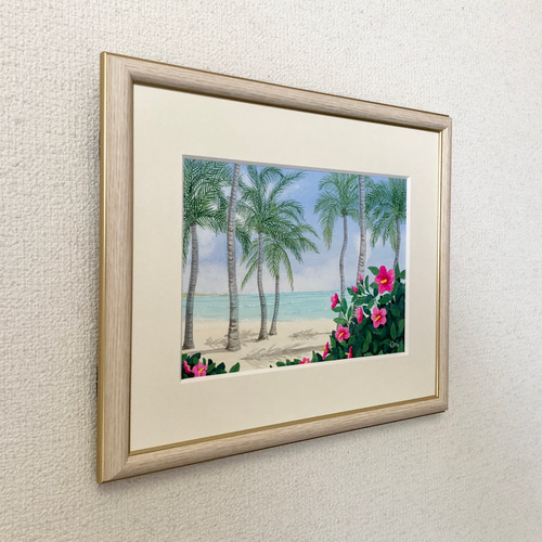 ヤシの木とハイビスカス」透明水彩画 原画 風景画 額縁付 SMサイズ