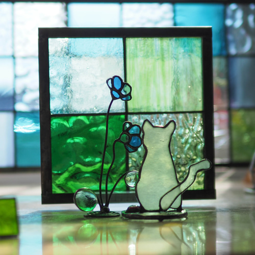 長崎発！尾曲がり猫にゃん(白猫)」ステンドグラス その他インテリア