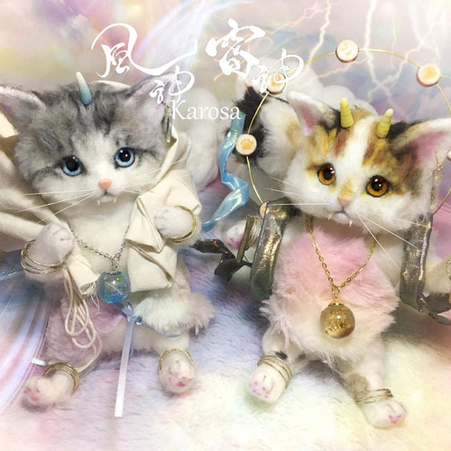 風神雷神 ファンタジー猫 Mさま考案✨ 羊毛フェルト アートドール 羊毛