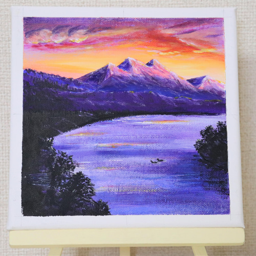 原画☆夕焼けと湖☆アクリル画・キャンバス 紫色の湖 夕焼け空 つがい