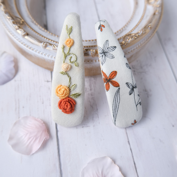 薔薇刺繍と花柄のぱっちんピンSet(オレンジB) ヘアピン ししゅばやし