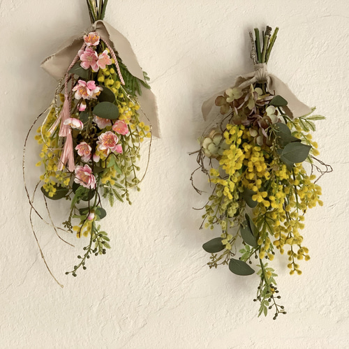 毎年飾れる！桃の花とミモザのひな祭りスワッグ スワッグ bouquet_vert