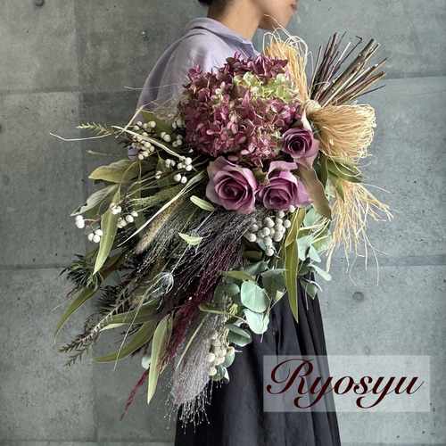 ドライフラワー・紫バラと紫陽花のスワッグ スワッグ お花作家 良秋