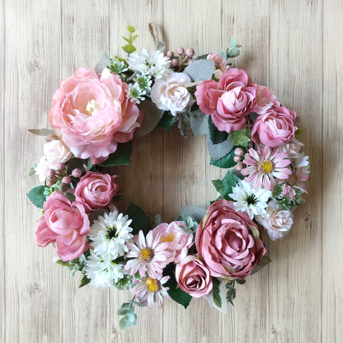 くすみピンクの薔薇とお花たち☆造花リース☆玄関リース☆アーティ