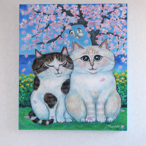 原画「仲良しさくらねこのいる桜咲く丘」 F10号 #絵画 #ねこ #原画 #猫