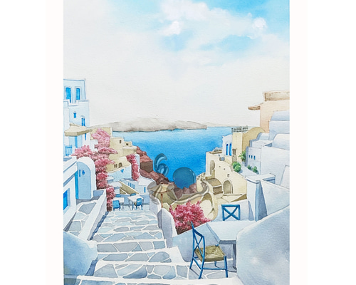 絵画 ギリシャ サントリーニ島 エーゲ海遠望 水彩画 原画 絵画 浜野