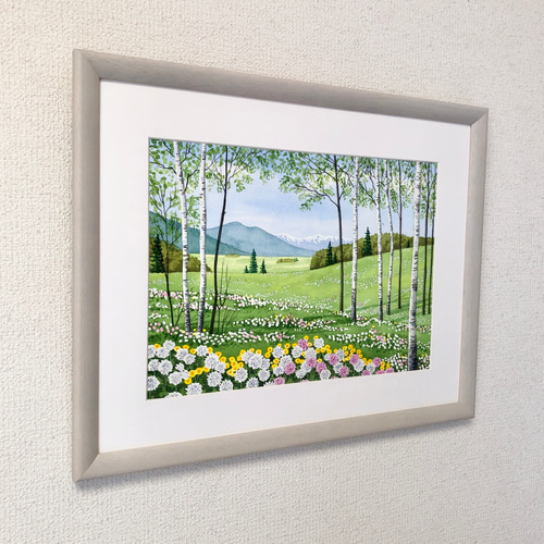 シロツメクサの咲くフィールド」透明水彩画 原画 風景画 額縁付 F4