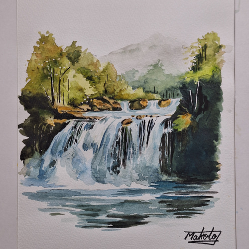 水彩画 新緑の滝 絵画 makochin 通販 17896316｜Creema(クリーマ