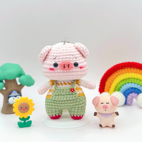 受注作製】ブタちゃんB あみぐるみ ハンドメイド キーホルダー付き
