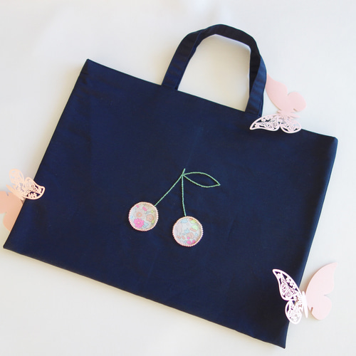 レッスンバッグ さくらんぼ 刺繍 ネイビー リバティ チェリー 女の子