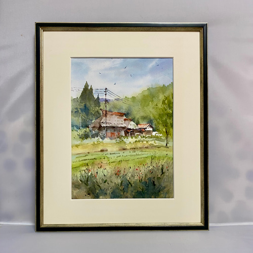 196）原画 水彩画 風景画 新潟県荻の島かやぶきの里 絵画 マグリット