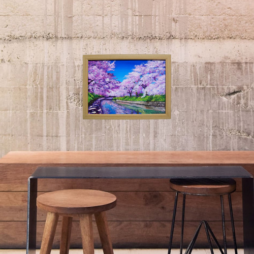 油絵 油彩 油彩画 絵 絵画 【松川の桜】 絵画 HR 通販 17342529