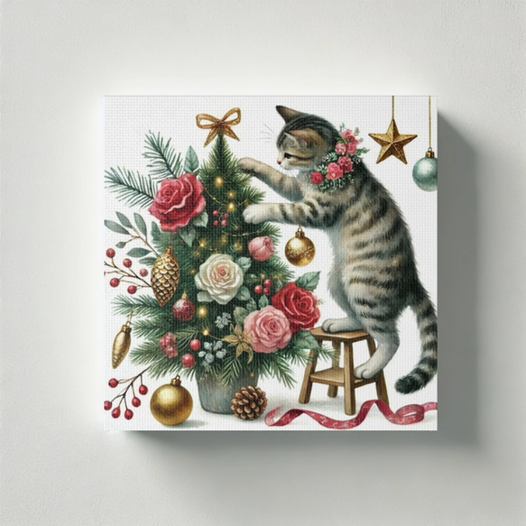 バラのクリスマスツリーを作る優しいお姉さんキジトラ猫ちゃん
