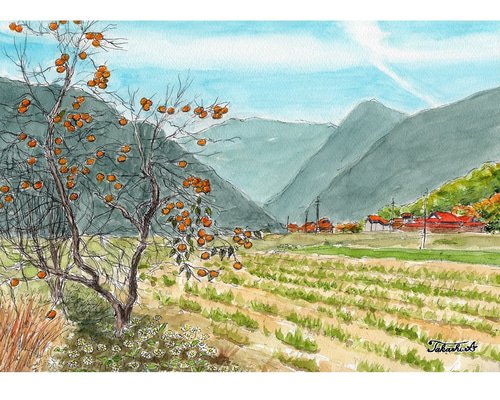 原画一点物 「晩秋の里山」 ＜ペンスケッチ＋透明水彩＞ 絵画 Takashi