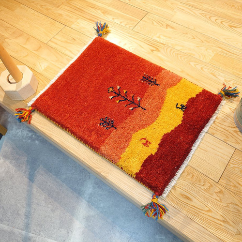 夏入荷】ペルシャ ギャッベ 玄関マット小 55×41cm 茜色 桃色 夕日