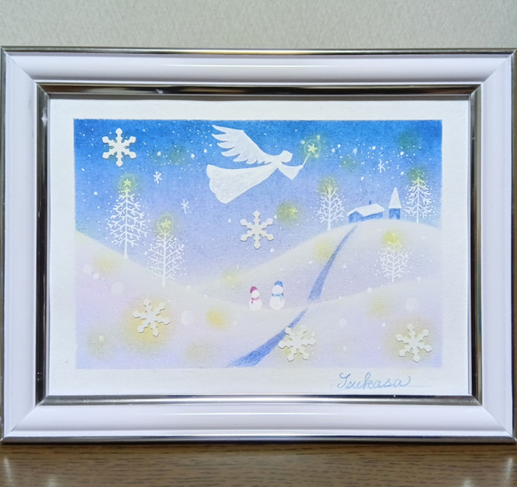 冬のパステルアート 天使舞う星と雪のホワイト・クリスマス パステル画