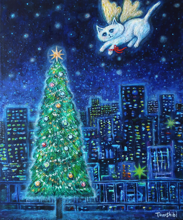 原画「クリスマスに輝く夜の街の空で」 F8号 #絵画 #ねこ #天使猫 #猫