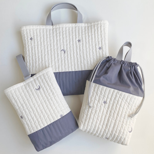送料無料》 ヌビ 入園入学 3点セット 星 月 ブルーグレー 刺繍 韓国