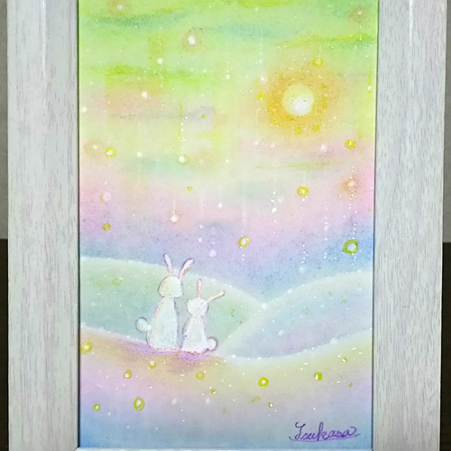 パステルアート 白うさぎ親子の雪見景色 パステル画原画 絵画 T's Arts