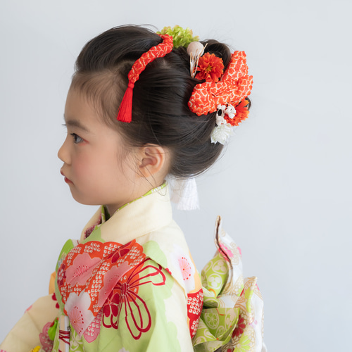 七五三7歳/ハーフ成人式髪飾り緑E】鹿の子（かのこ）ちんころ赤&水引き