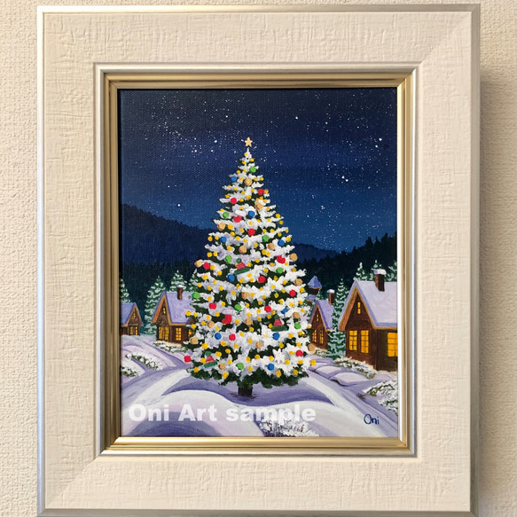 星降る夜のクリスマス03」アクリル画 額縁付 原画 キャンバス F3サイズ