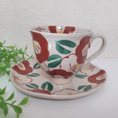 赤絵 つばき柄コーヒーカップ&ソーサー 瀬戸焼 ティーカップ ミント