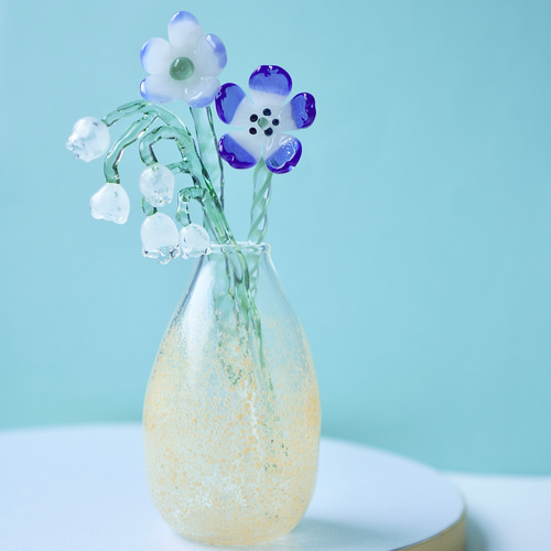 Glass Flower ガラスのお花 黄色の花瓶＋ガラスのお花3本 鈴蘭 青い花