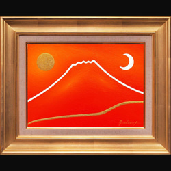 肉筆油絵○富士吉田からの金の赤富士山○がんどうあつし直筆絵画SM油彩