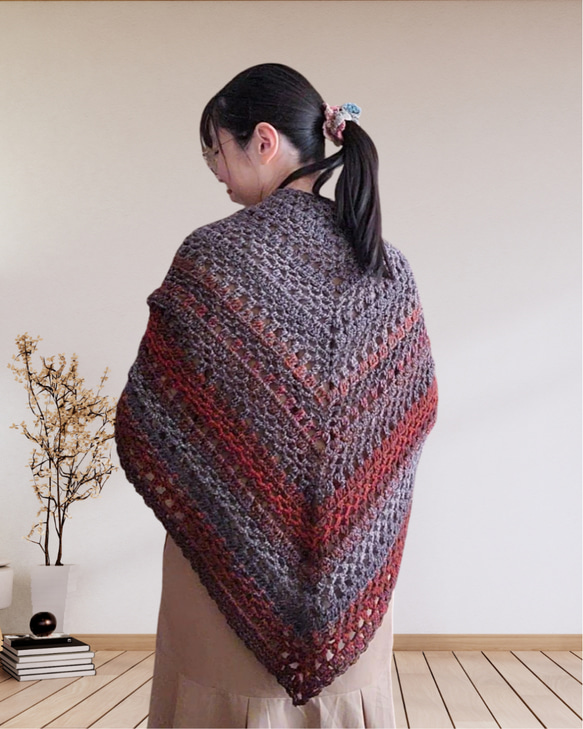 かぎ針編み】夕焼けの三角ショール (ウール混) ストール 編み物作家