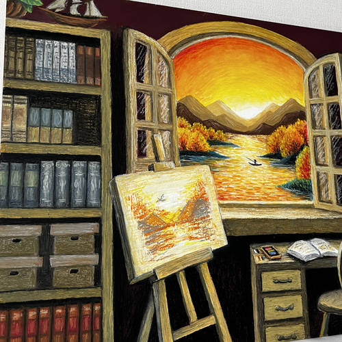 原画】書斎窓から見える景色 壁掛け 絵画 風景画 夕陽 海の絵 絵画