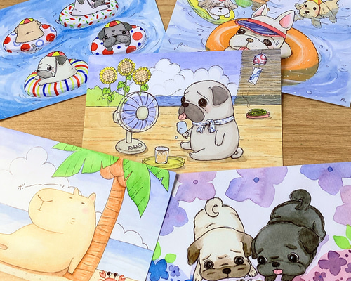 夏のおとぼけパグ、フレブル、カピバラ イラストポストカード 5枚