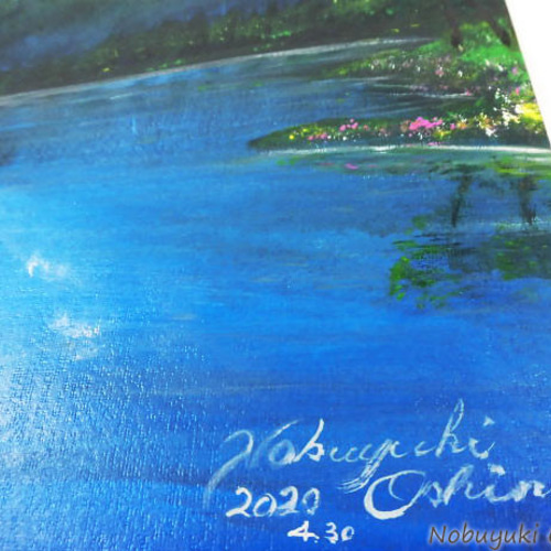 アクリル絵画「Lakeside in spring」原画【手描き／湖畔・桜・春・山