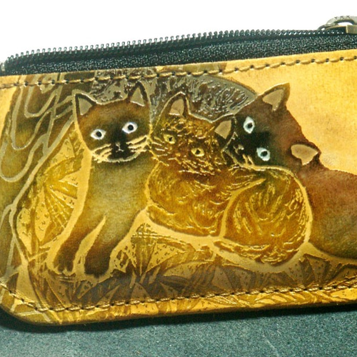 猫のデザイン レザークラフト siamese cat f小銭入れポーチ catwalk