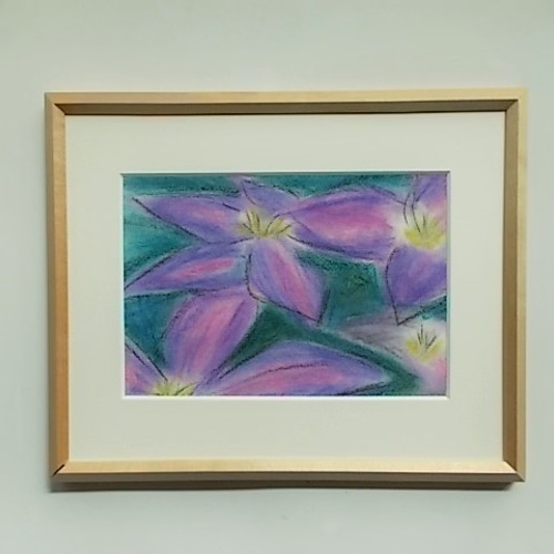 絵画 インテリア額絵 パステル画 紫色の花 クレマチス 絵画 susa-art